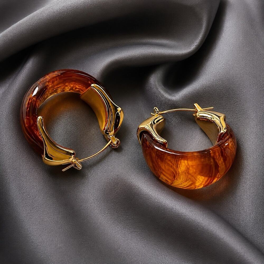 Amber Hoop Gold Molten Sculptural Stud Statement Boho Retro Solanales Retro VTG